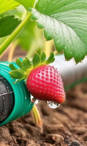 Firefly drip irrigation system close up with strawberries and water drops 12427.jpg